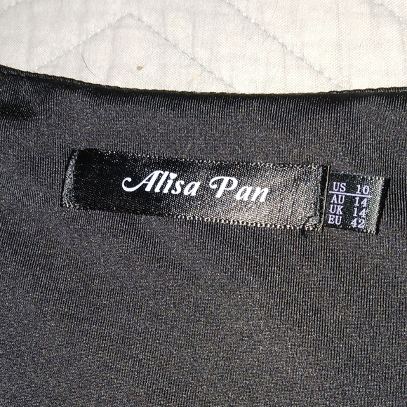 Alisa Pan Black Full Skirt Dress Ruched Sleeves Sz 10 EUC - Picture 2 of 5